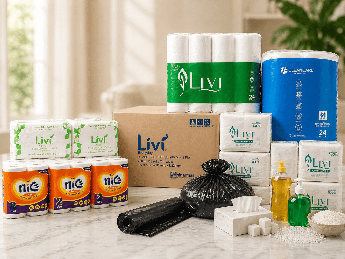 กระดาษทิชชู ถุงขยะ น้ำยาทำความสะอาด และสินค้าใช้ประจำองค์กร
